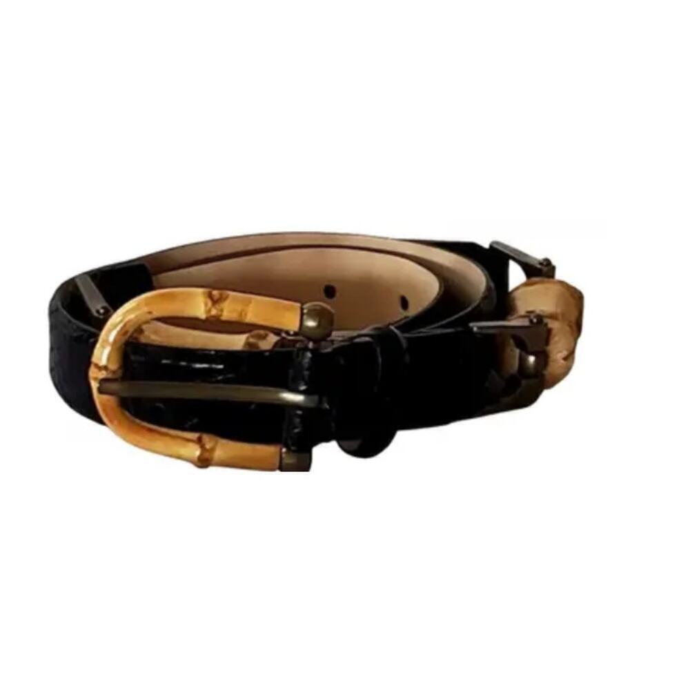 Worth Womens‎ Leather Belt M Medium Italian Black Boho Bamboo Wood Resort Summer